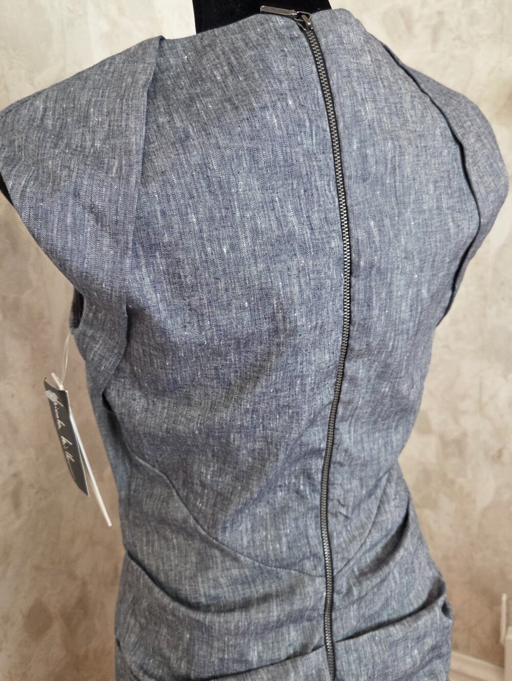 Nicole Miller Studio Linen Blend Ruched Sheath Dress Gray Structured Size 10 - Picture 12 of 15